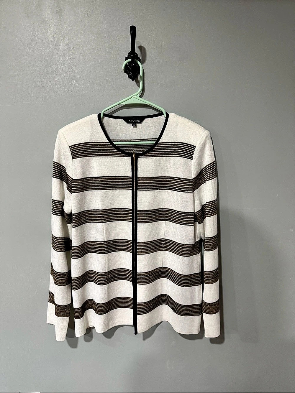 Misook Striped Zip Front Sweater in White black and gold